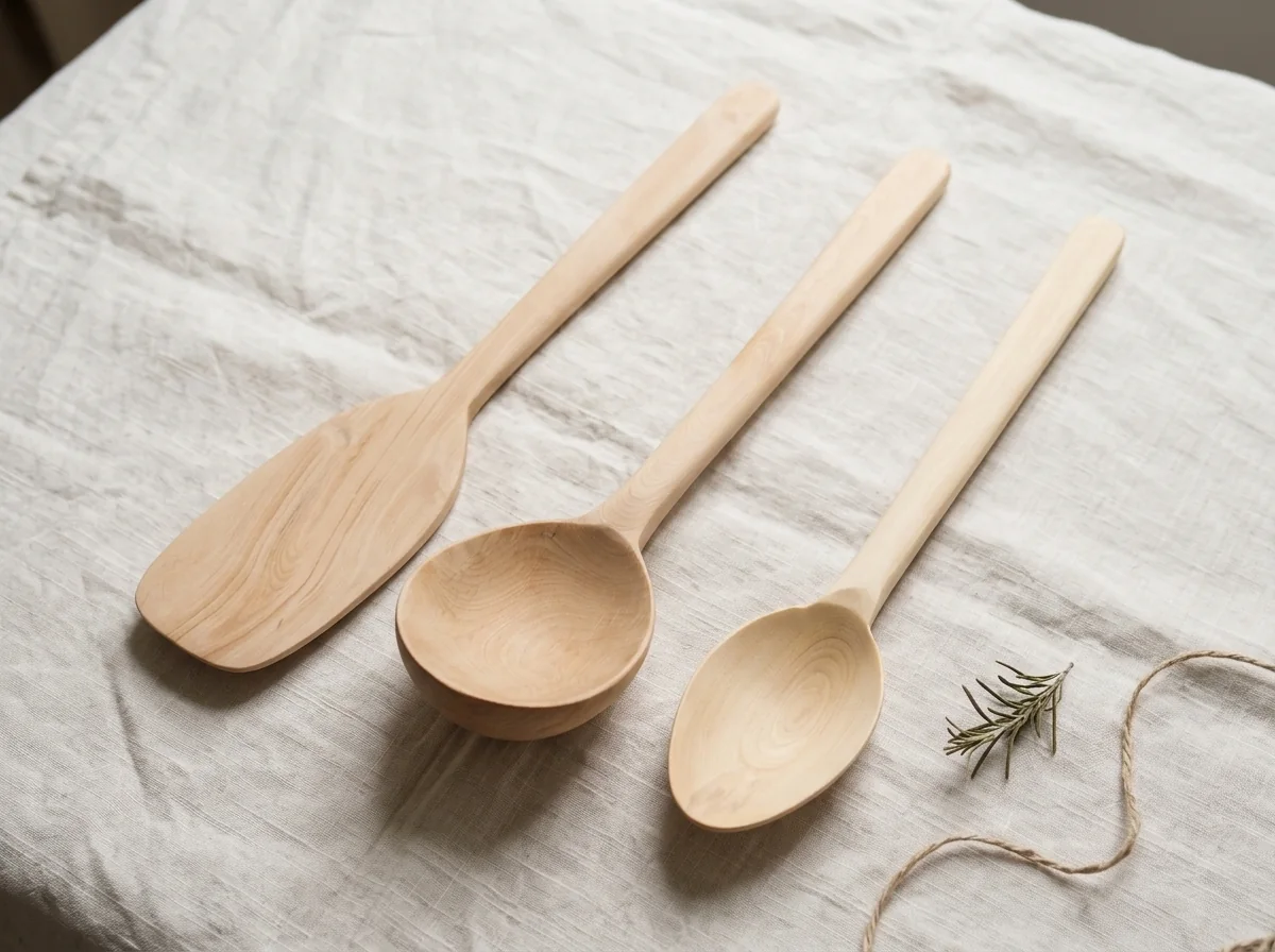 Three handcrafted wooden utensils on natural linen