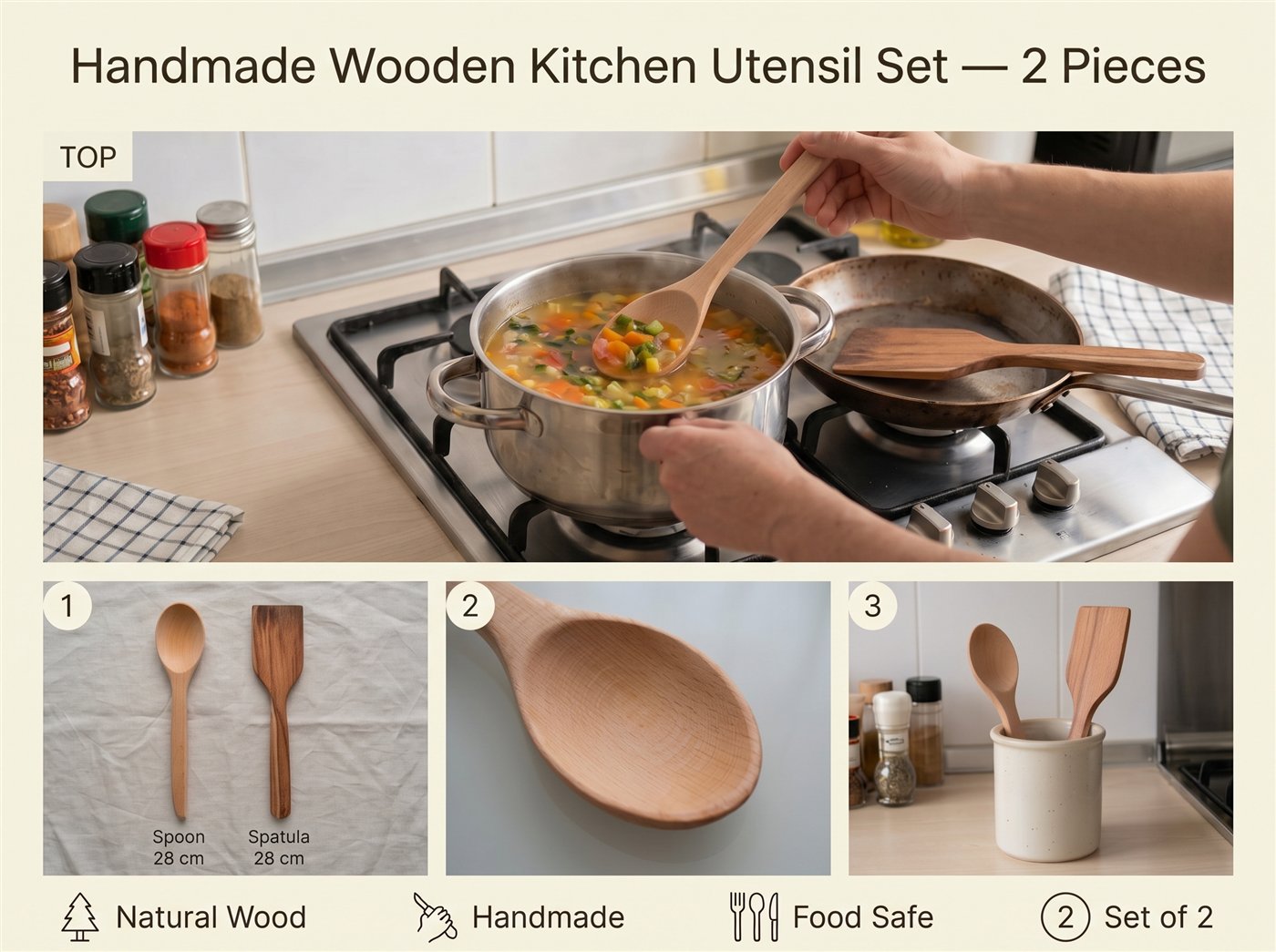 Beech wood spatula and ladle set